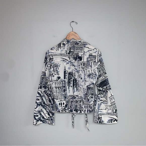 Zara Tied Button-down Shirt Size Small White Black Printed Top Flared Cuffs - Picture 6 of 11